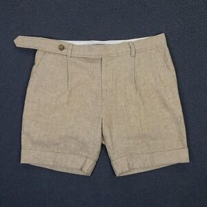 Mr Turk Shorts FITS Mens 36 Herringbone Cotton Linen Chino Pleated Cuffed Resort